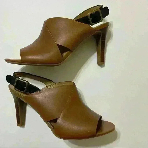 Franco Sarto Quatrain Cross Strap Slingback Heel Brown 9M brown leather hight - Picture 3 of 11